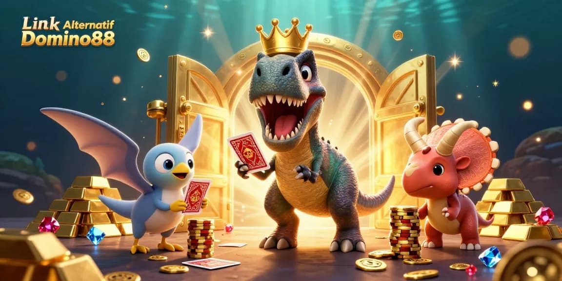 Engage with Link Alternatif Domino88 featuring fun characters in a dynamic casino scene with festive elements.