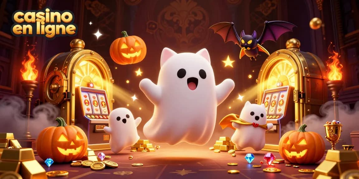 Découvrez des jeux captivants de casino en ligne avec un chat fantôme et un vampire dans une scène animée.