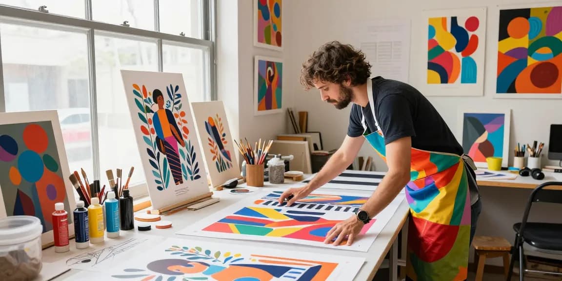 Artist working on custom poster printing in a colorful art studio, vibrant atmosphere and creative chaos.