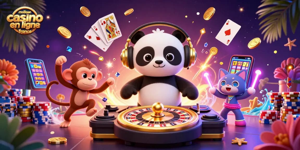 Visuel vibrant du meilleur casino en ligne France avec un panda DJ et des personnages animés dans une ambiance festive.