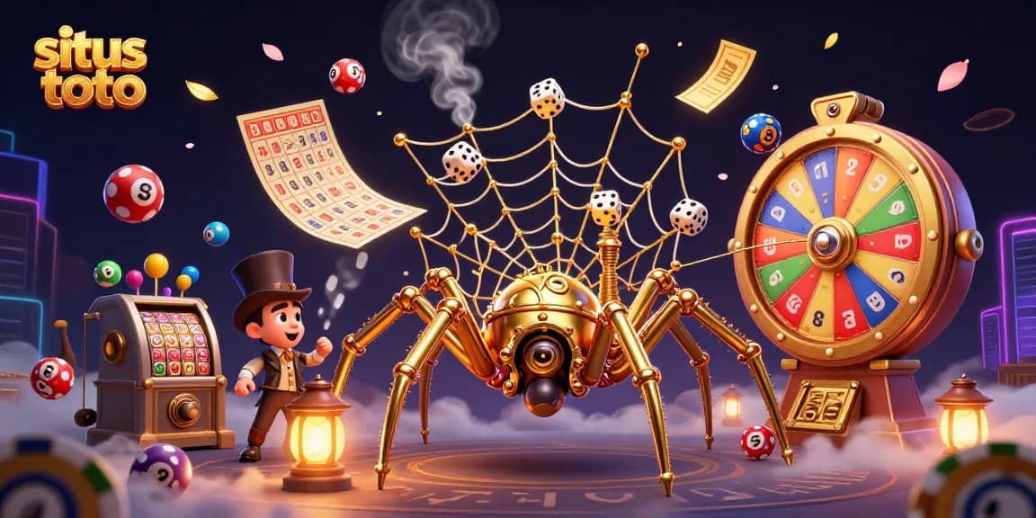 Engage in the thrilling world of situs toto with a dynamic lottery scene featuring colorful balls and a steampunk spider.