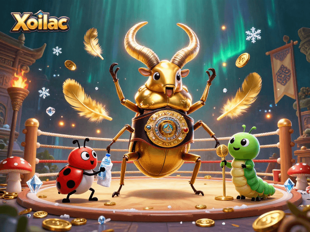 Xoilac delivers action-packed casino energy with a giant beetle boxing champion and vibrant elements.