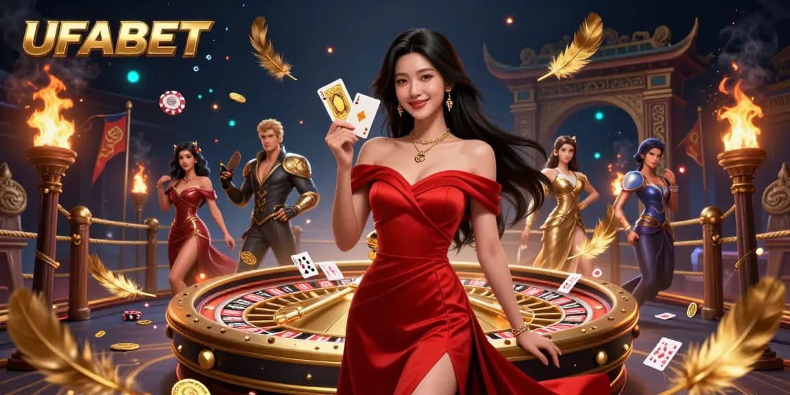Experience the thrill of UFABET with a beautiful Asian dealer presenting playing cards beside a golden roulette wheel.