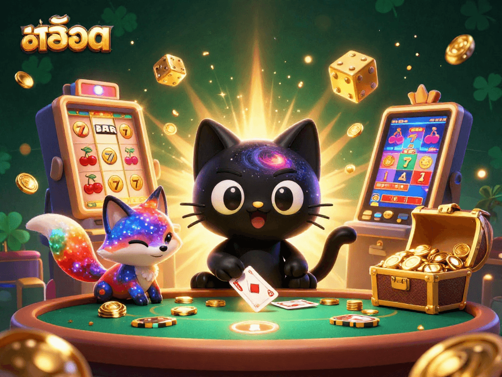 Experience thrilling สล็อต action with a cosmic black hole cat in a vibrant casino scene.