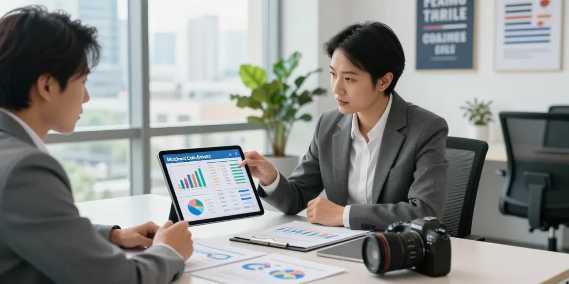 Using a merchant cash advance calculator during a financial consultation for small business growth.