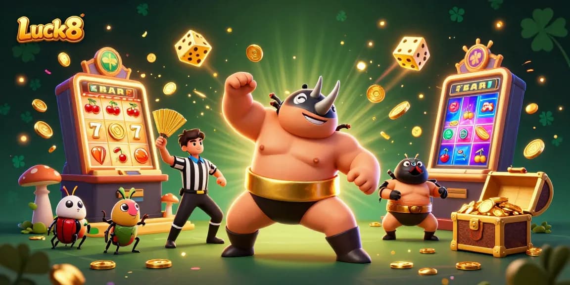 Luck8 showcases a vibrant casino scene with a rhinoceros beetle champion amidst explosive jackpots.