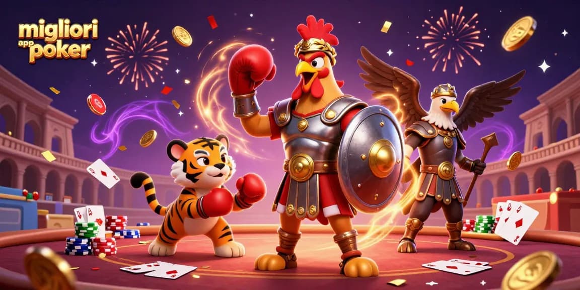 I migliori app poker per giocare con soldi veri, presentando un gallo gladiatore e un cub di tigre in un emozionante ambiente di poker.