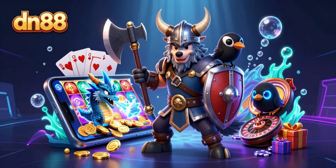 dn88 offers an exciting experience with a Viking warrior, dragon, and casino elements bursting with excitement.