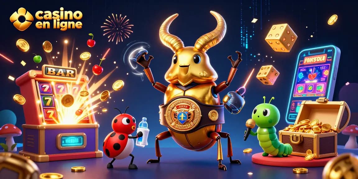 Jouez à des jeux passionnants de casino en ligne avec une illustration dynamique, des éléments de machines à sous et un fond captivant.