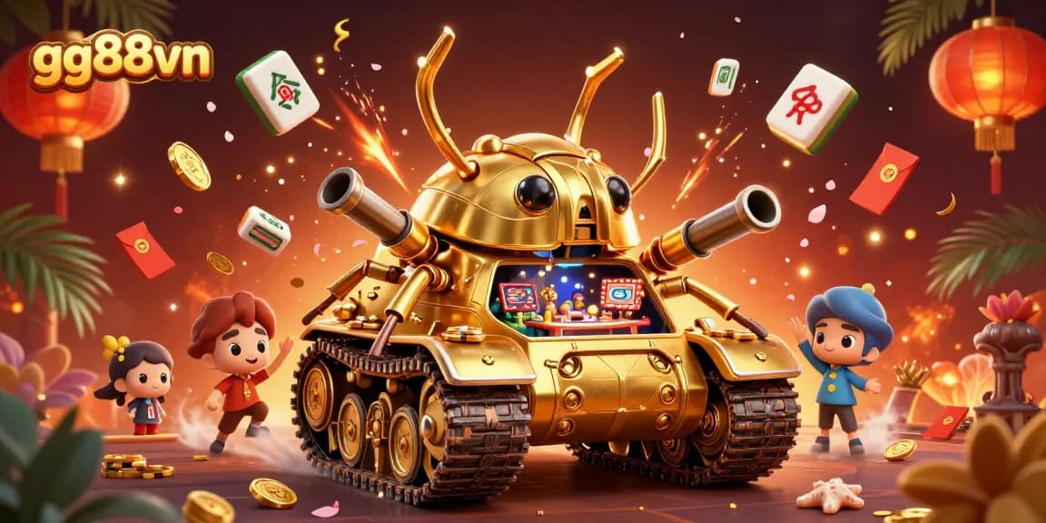 Experience thrilling gaming action at gg88vn with a vibrant, ultra-detailed casino scene featuring a golden beetle tank and festive elements.