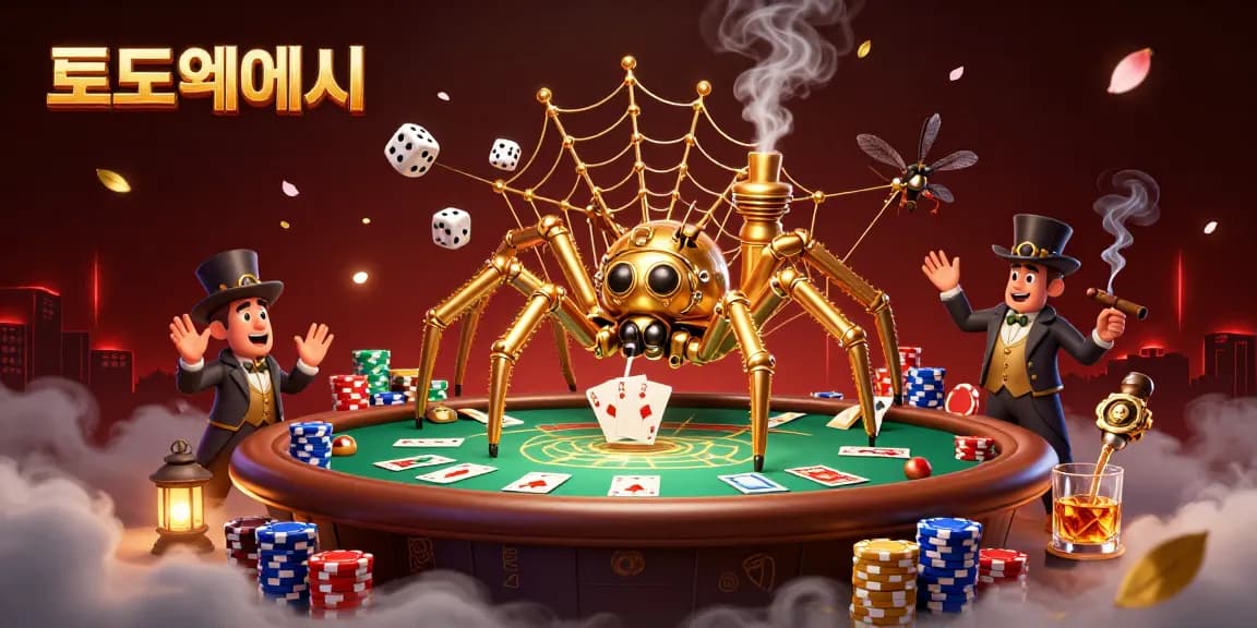 Catching unlucky dice in a web, the golden spider illustrates 토토사이트 features with poker chips and vibrant details.