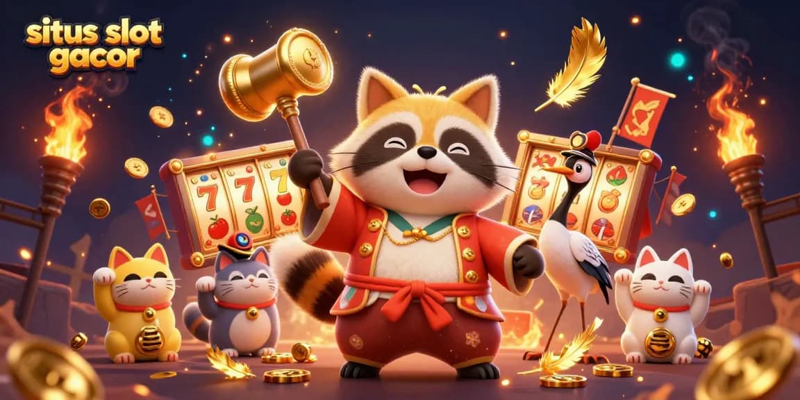 Situs slot gacor menampilkan tanuki berbahagia dengan rekan crane dan kucing maneki-neko, dikelilingi elemen slot dan koin emas.