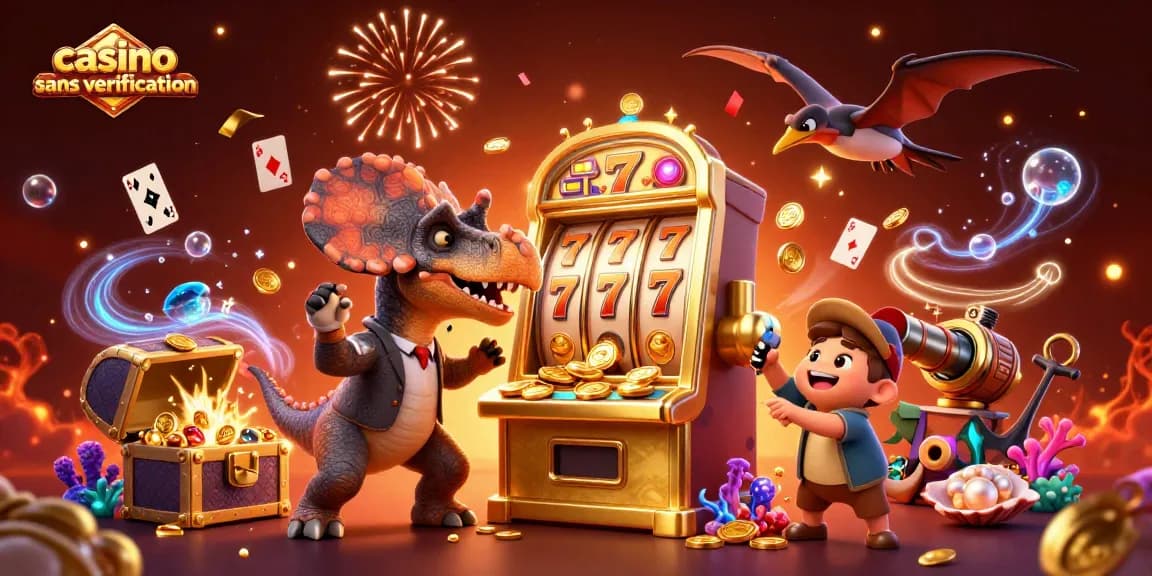 Le casino sans vérification offre des machines à sous dorées avec des dinosaures animés.