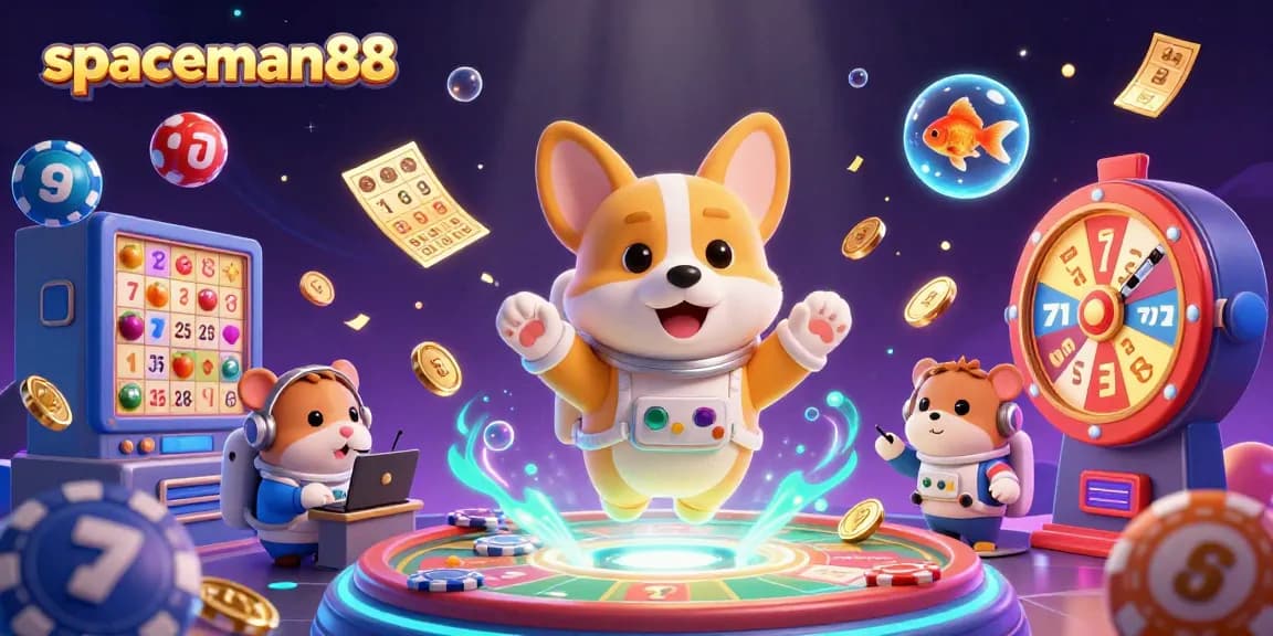 Experience the thrill of spaceman88 in a vibrant casino scene featuring a corgi and colorful elements.