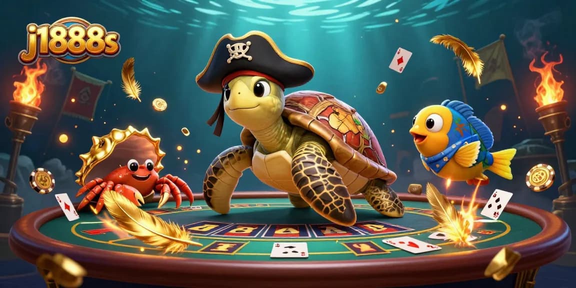 Engage with j1888s while enjoying vibrant visuals of a cartoon pirate turtle and golden treasures.