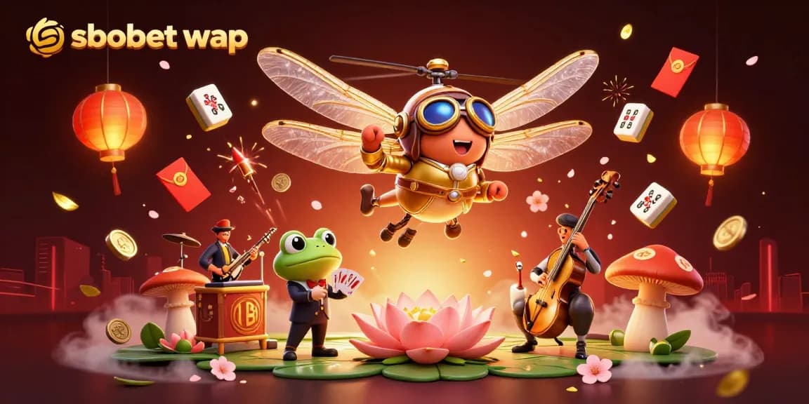 Experience the vibrant world of sbobet wap with a dynamic 3D illustration of a dragonfly pilot, frog croupier, and jazz cricket band.