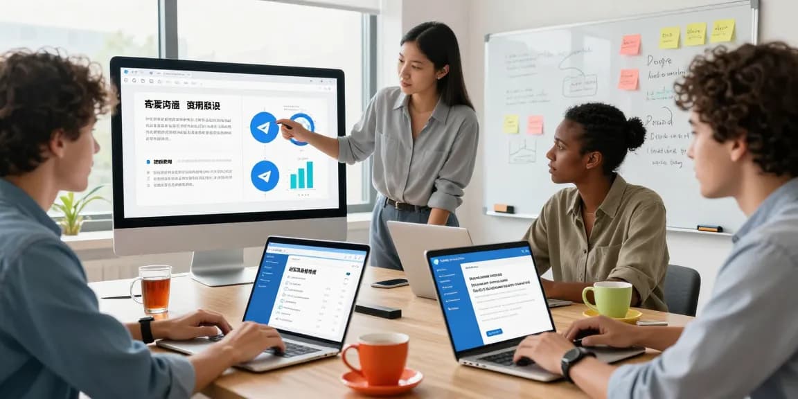 Explore essential telegram chinese tips in a dynamic workspace with a diverse team collaborating on effective communication strategies.