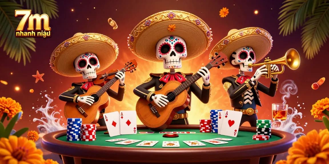 Watch the vibrant 7m nhanh nhất scene with skeleton mariachi band and poker excitement.
