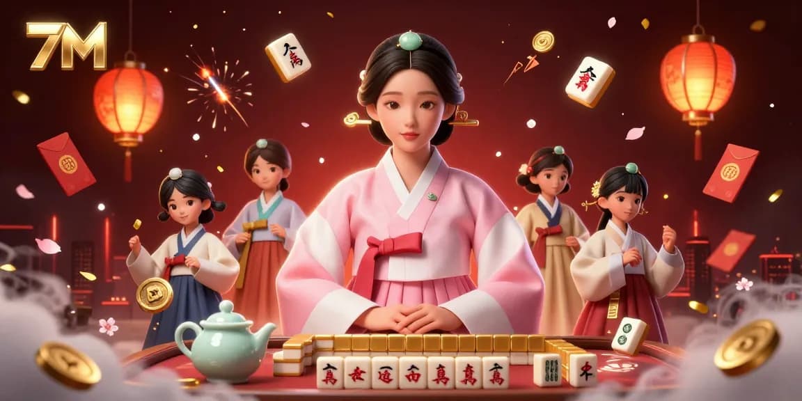 Explore winning strategies with 7M in an elegant online casino scene featuring mahjong and vibrant decorations.