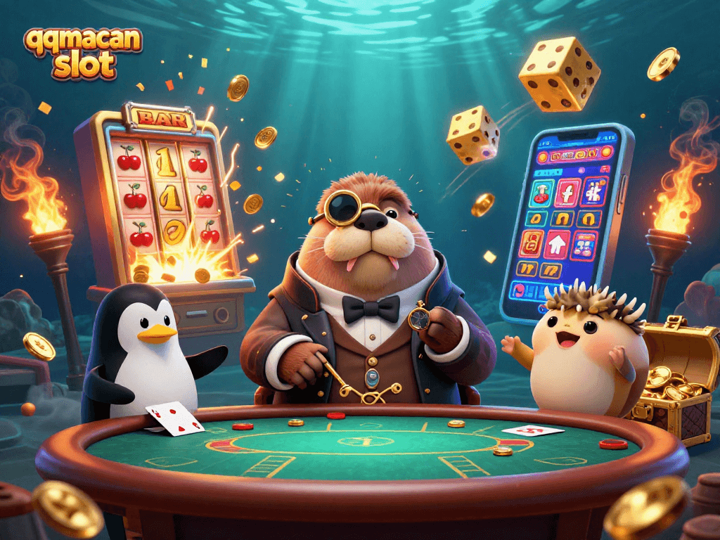 Experience thrilling gameplay with qqmacan slot at a lively underwater casino scene featuring a walrus, penguin, and pufferfish.