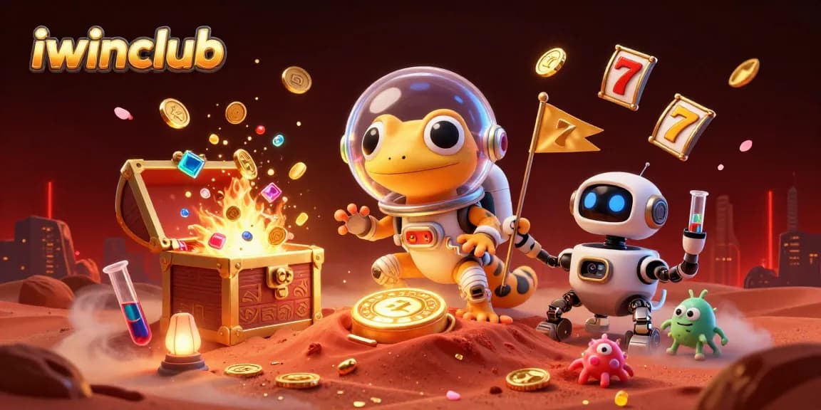 Play thrilling games at iwinclub with a Martian gecko in a vibrant casino scene.