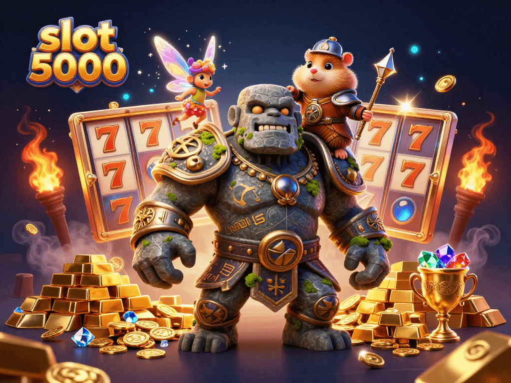 Experience thrill with the slot 5000, featuring magical characters and casino elements in dynamic action.