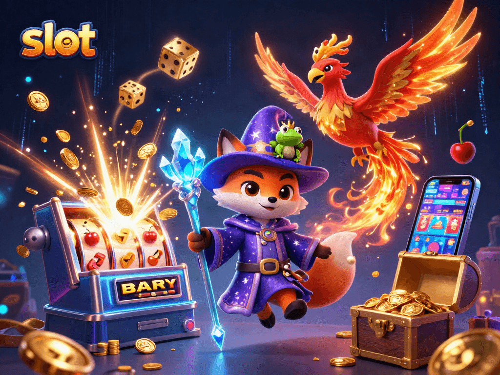 Engaging slot action with 3D cartoon wizard fox, phoenix, and overflowing slot machine.