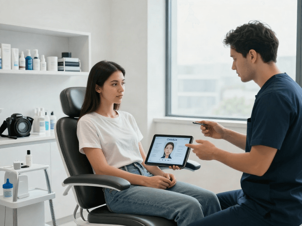 ClinicEvo vs QOVES facial analysis consultation showcasing aesthetic improvement tools.