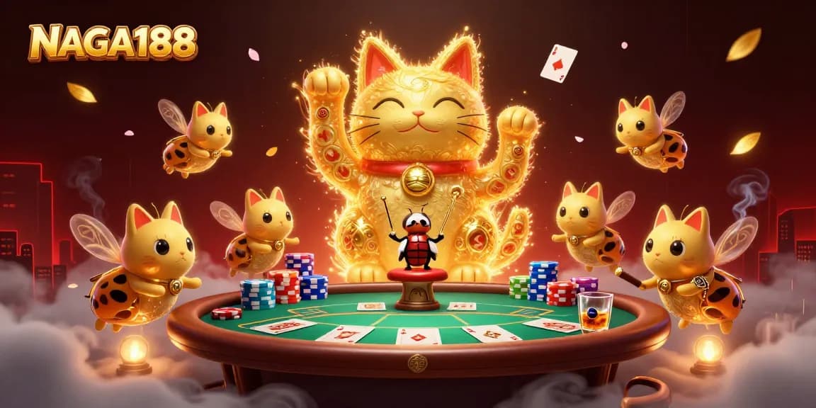 NAGA188 menghidupkan suasana kasino dengan segumpal kelelawar emas yang membentuk kucing keberuntungan.