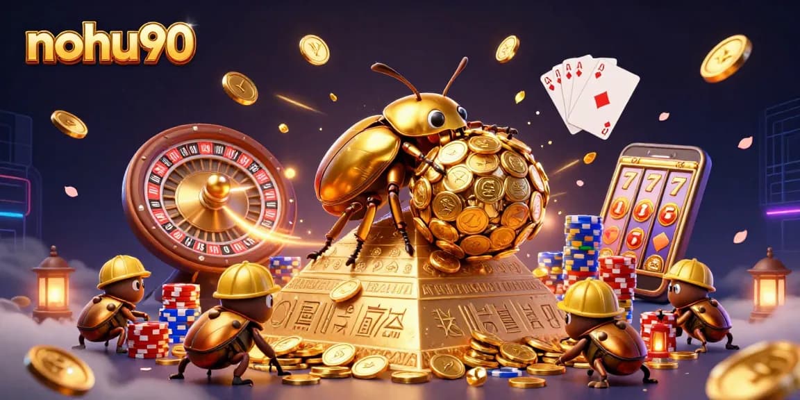 Nohu90 showcases a vibrant 3D cartoon illustration of golden beetles engaging in casino-themed activities, rolling coins.