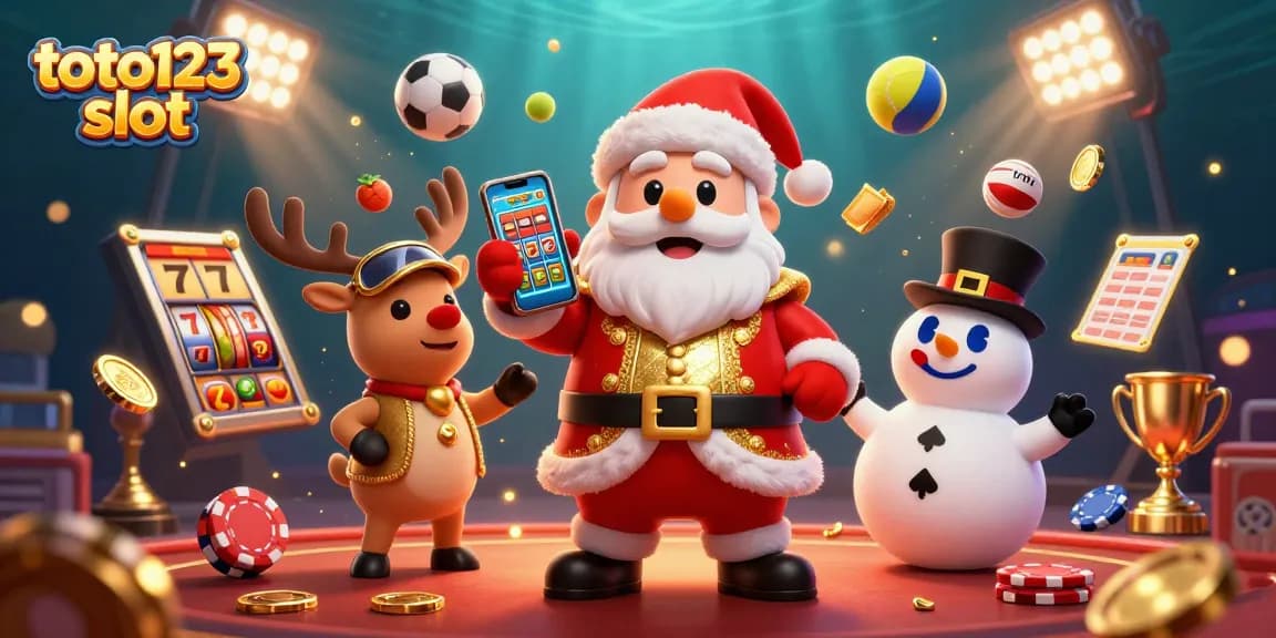 Toto123 slot showcases a vibrant casino scene with Santa, reindeer, and a snowman amidst lively jackpots and gaming elements.