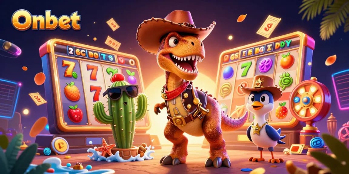 Engage with Onbet's vibrant slot games showcased by a T-Rex cowboy and friends amidst lively casino elements.