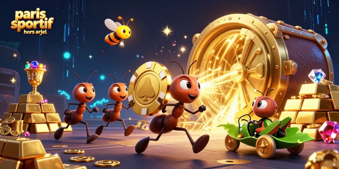 Plongez dans l'univers du paris sportif hors arjel avec une équipe d'ants sur un chip d'or géant.
