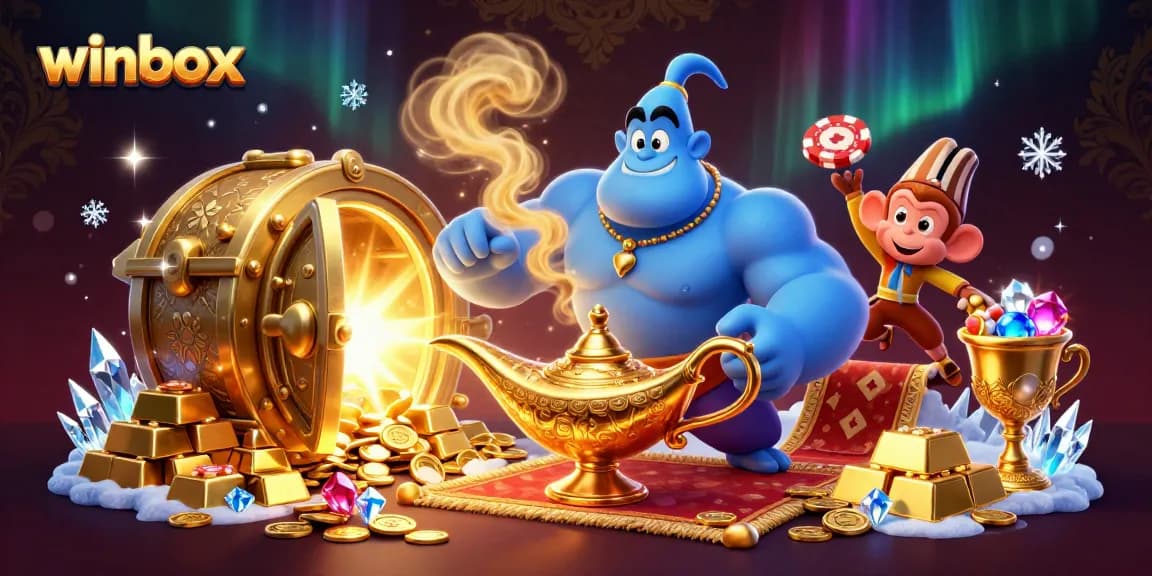 Winbox online casino scene with a genie, monkey, and magical elements depicting a vibrant gaming experience.