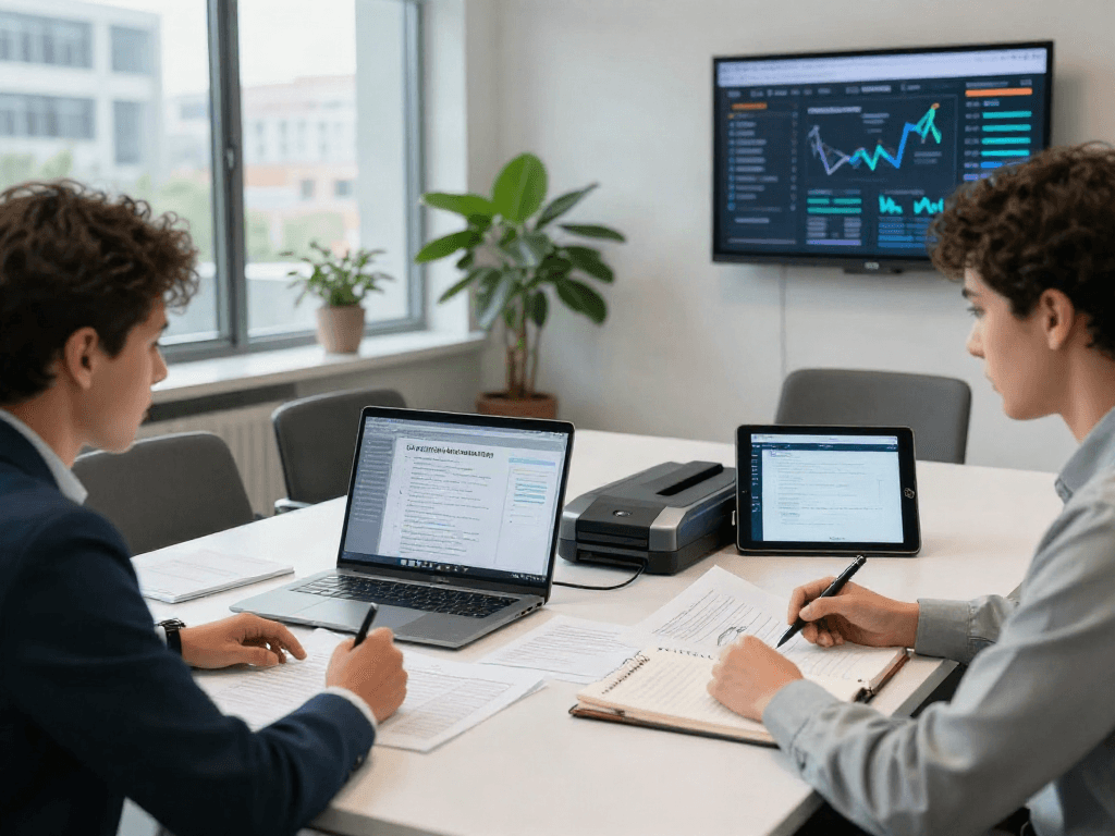 Team evaluating document fraud detection solution statistics in modern workspace.