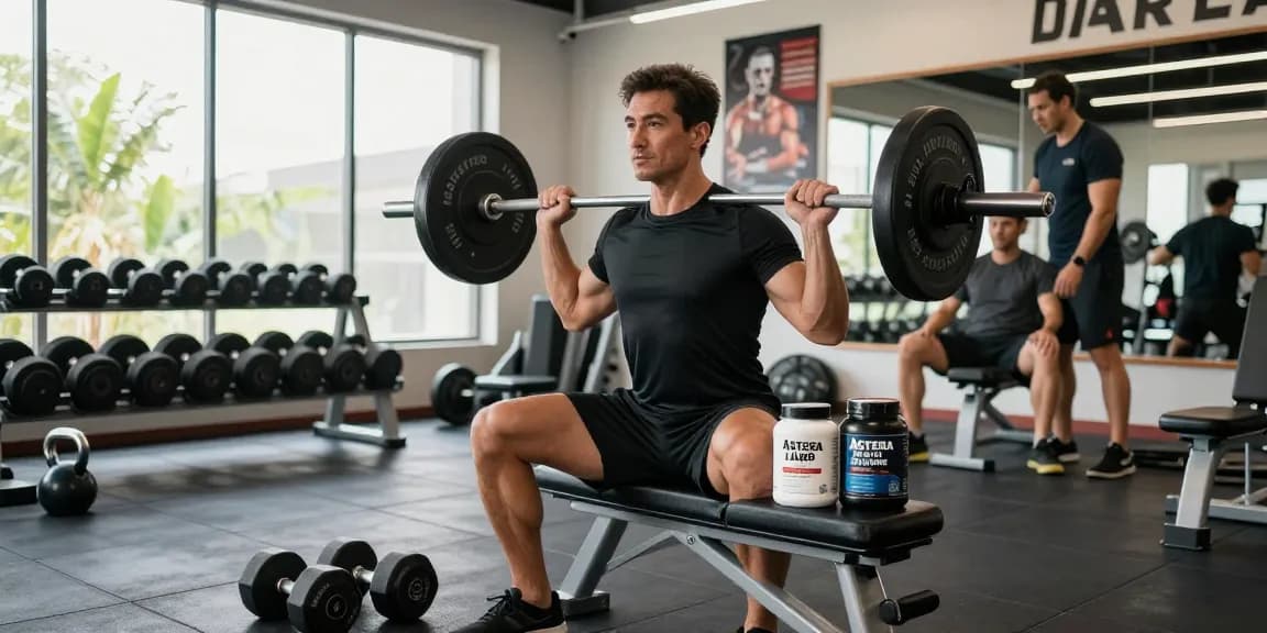 Astera Steroids Shop showcasing fitness enthusiast lifting weights with Astera Labs supplements.