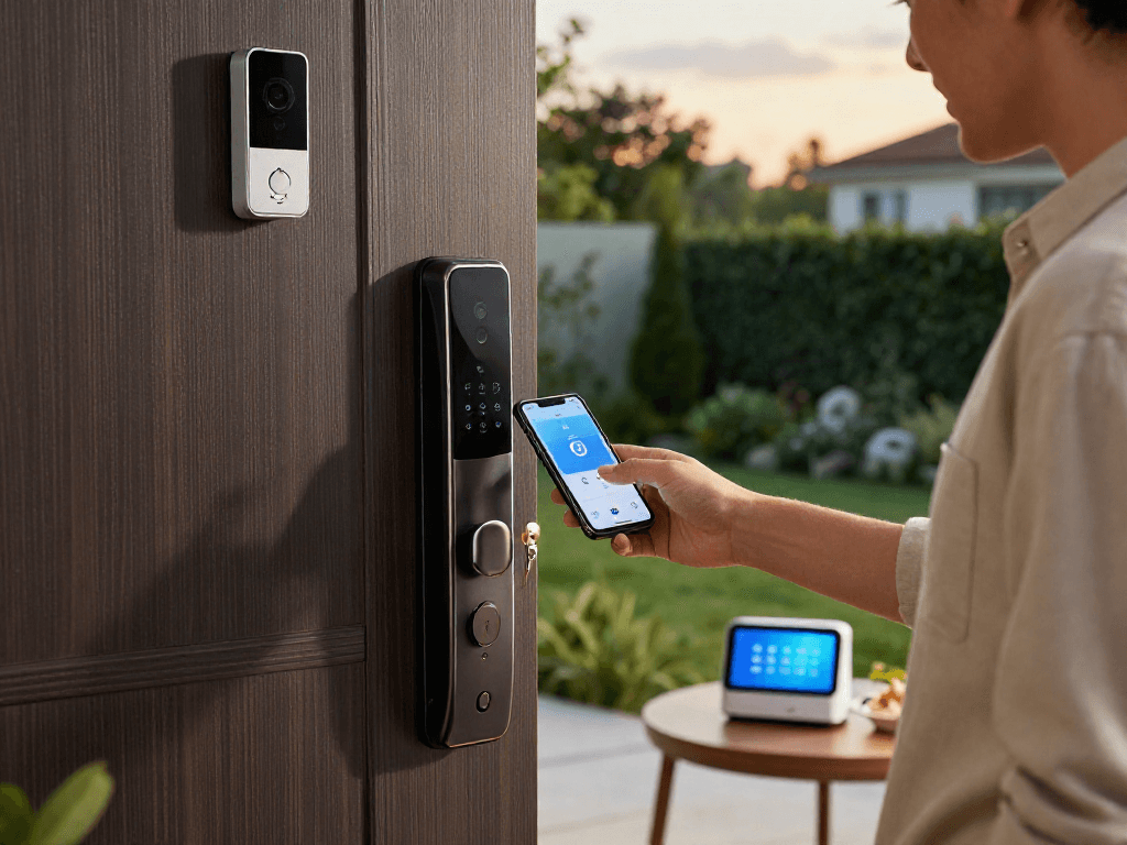 Modern smart lock قفل هوشمند on a stylish front door with homeowner interacting.