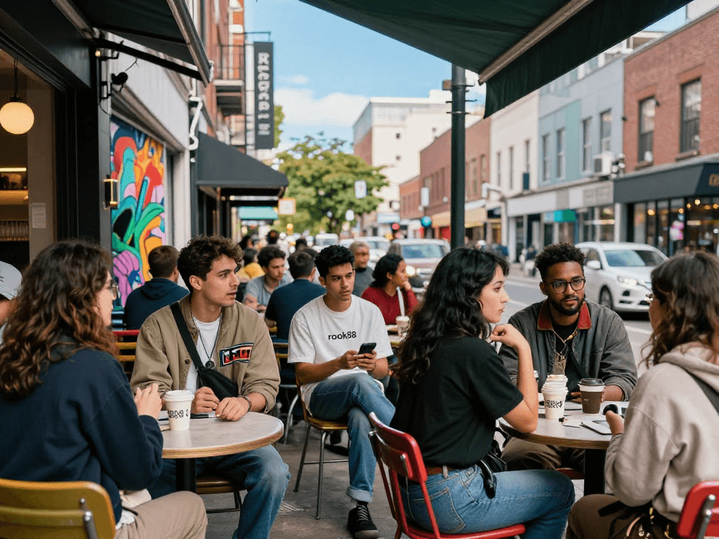 Young adults discussing fashion trends while enjoying coffee at a street cafe, showcasing the vibrant rokok88 brand in an urban setting.