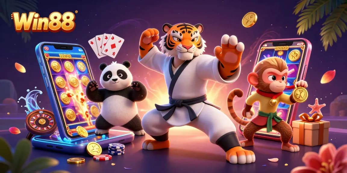 Win88 players enjoying vibrant cartoon gaming scene with slots, golden coins, and action-packed characters.