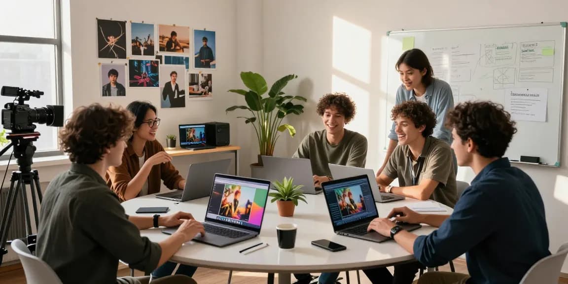 Seedance 2.0 creative video production team collaborating, showcasing vibrant visuals and brainstorming ideas.