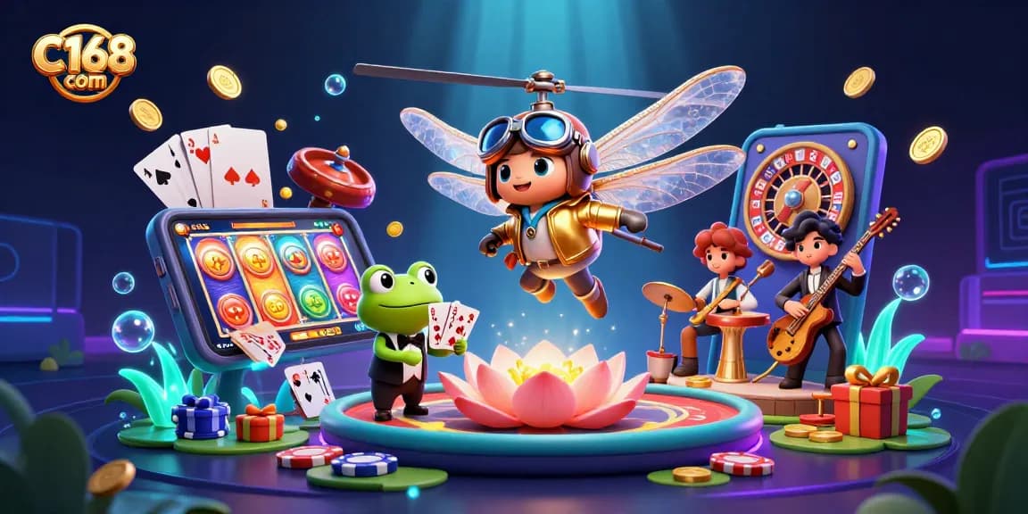 Experience exciting gaming at C168 com with a vibrant casino scene featuring a dragonfly pilot and a frog croupier.