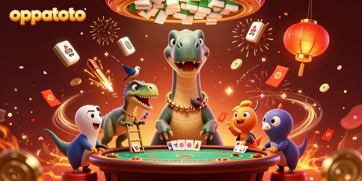 Experience the thrill of oppatoto as a brontosaurus surveys the gaming scene in a vibrant casino.