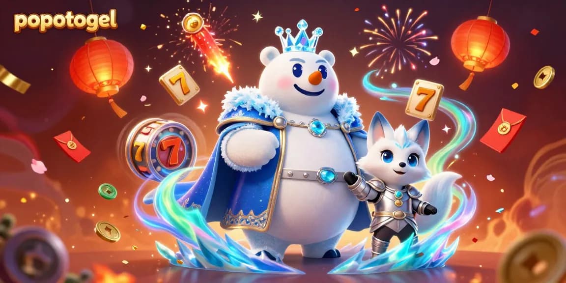 Engage with popotogel in a vibrant scene featuring cartoon characters, casino games, and captivating festive elements.