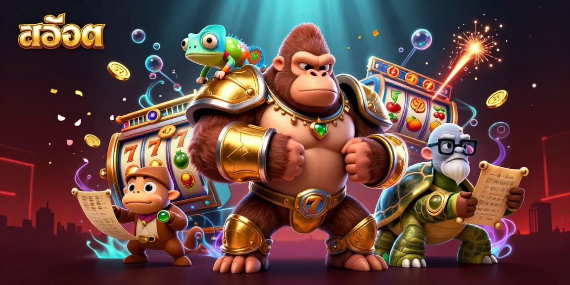 Engage with สล็อต in a vibrant 3D scene showcasing a gorilla king, a chameleon, and a tortoise among dynamic slot game elements.