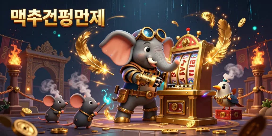 먹튀검증업체의 안전한 베팅을 위한 슬롯 머신을 조작하는 3D 스팀펑크 코끼리 엔지니어의 일러스트