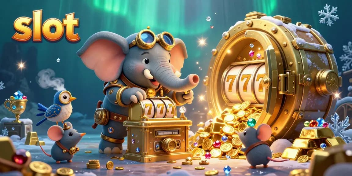 Engage with the exciting slot adventure featuring a steampunk elephant engineer operating a golden slot machine.
