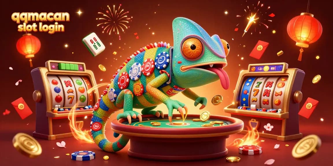 Spin to win with qqmacan slot login, featuring vibrant slot reels and a dynamic chameleon casino owner.