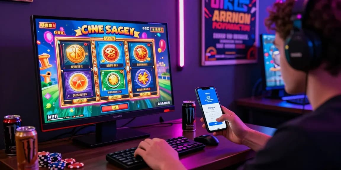 Engaging player enjoying deposit pulsa tanpa potongan slot game with vibrant colors and energy drinks.