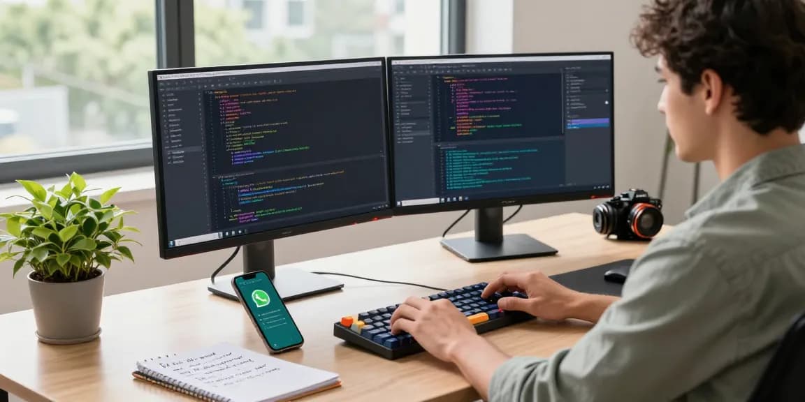 OpenClaw personal AI assistant setup in a tech workspace with vibrant code on screens and a developer at work.