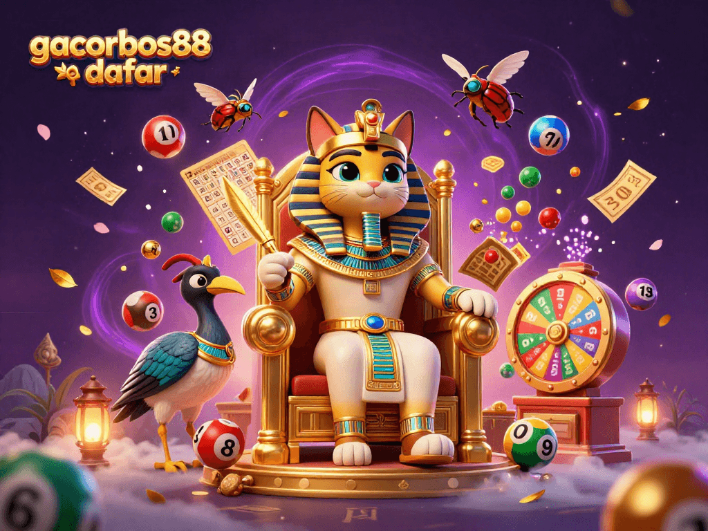 Engage in gacorbos88 daftar with a vibrant 3D casino scene featuring lottery elements and characters.